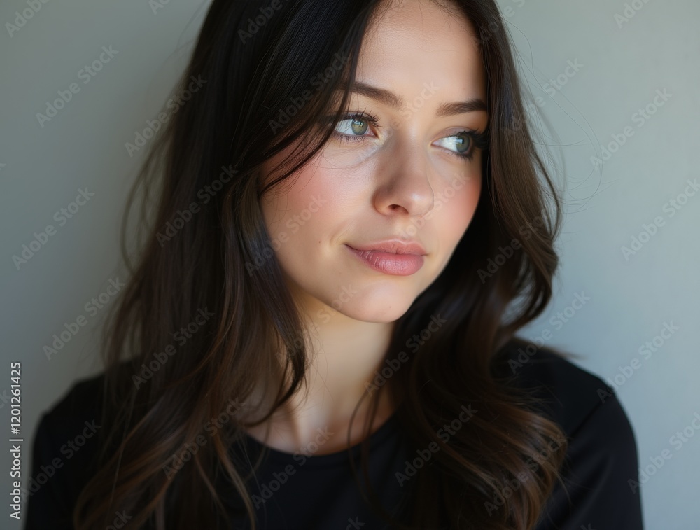 Woman with long hair gazes thoughtfully while posed against a neutral background in natural light Woman with long hair gazes thoughtfully while posed against a neutral background in natural light