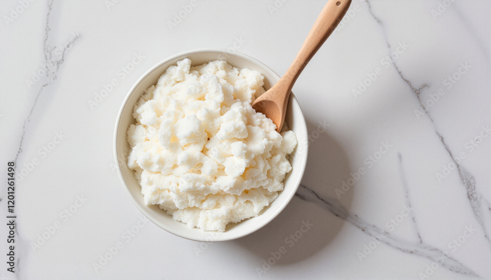 Bowl of fluffy coconut snow cream resting on a sleek white marble surface Bowl of fluffy coconut snow cream resting on a sleek white marble surface