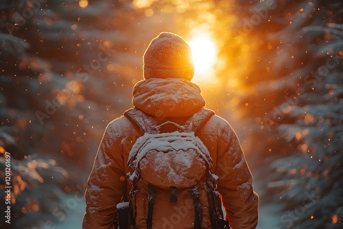 Winter Adventure: Solitary Hiker with Backpack Amidst Snowy Forest Path at Sunset photo