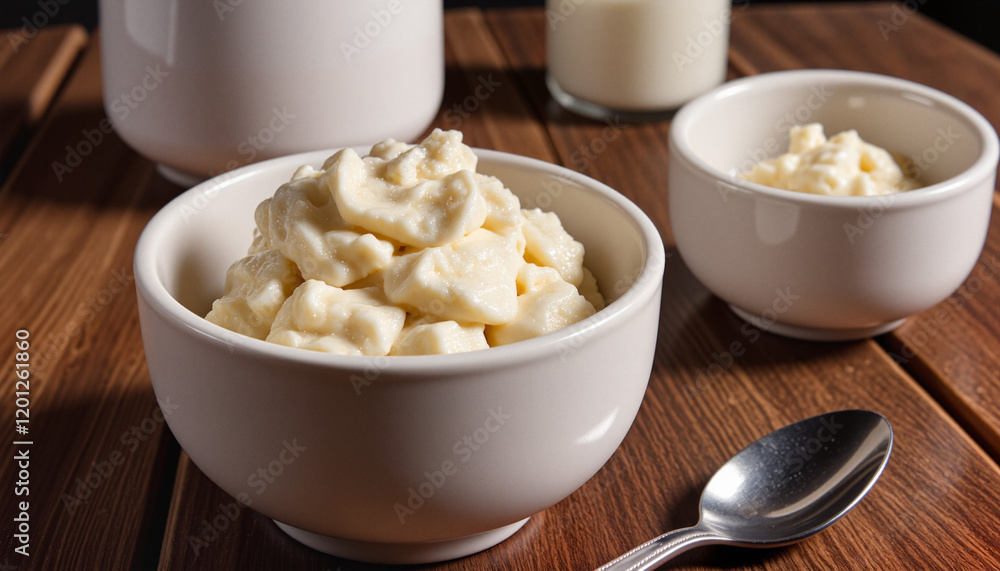 Creamy dessert served in simple white bowls on a warm wooden surface, inviting atmosphere Creamy dessert served in simple white bowls on a warm wooden surface, inviting atmosphere