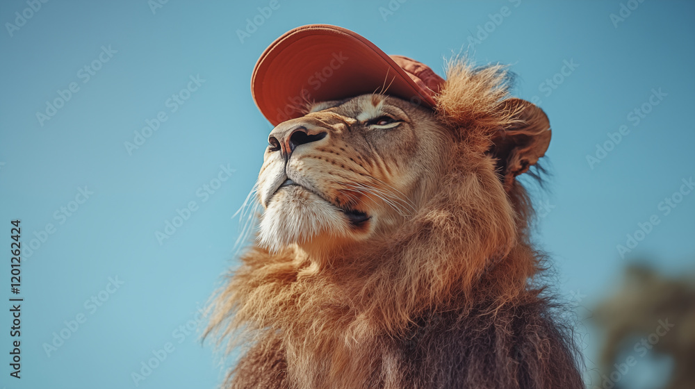 Lion wearing red cap against blue sky, creative wildlife portrait concept Lion wearing red cap against blue sky, creative wildlife portrait concept