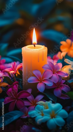 Candle glowing softly amidst blooming flowers in a serene garden at dusk