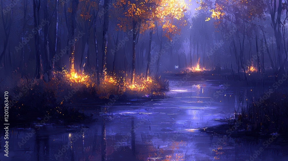 Fototapeta premium A mystical forest illuminated by radiant vines that pulse softly with golden light. Streams of glowing water flow through the forest floor, and ethereal beings with bioluminescent fur roam peacefully
