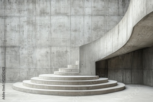 Unique spiral staircase design with circular window by a concrete wall surrou...