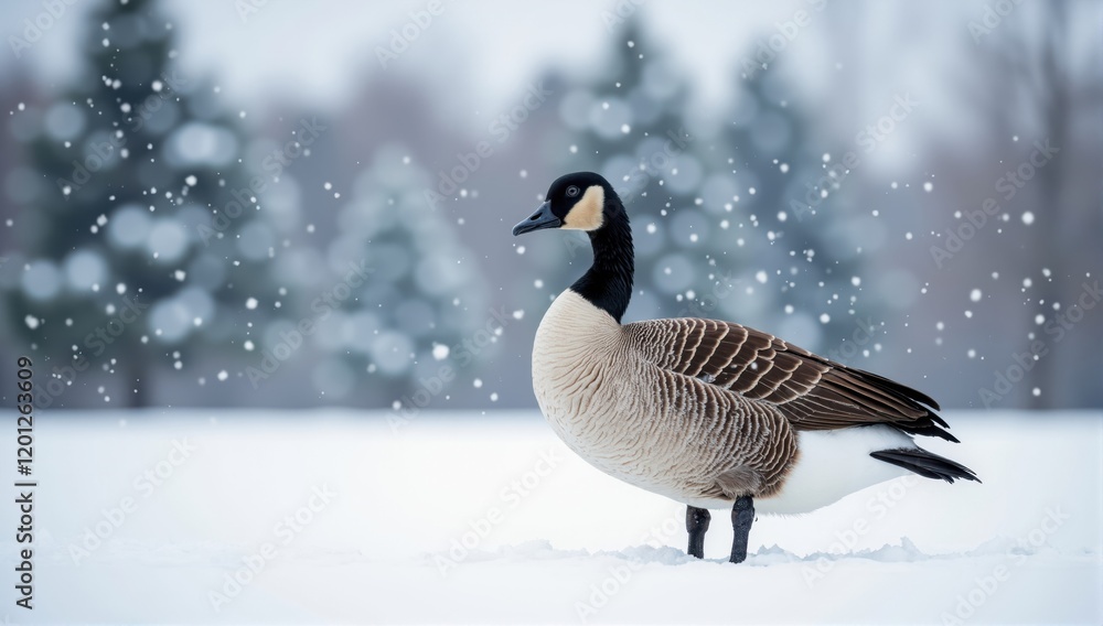 Canada goose standing in snowfall during winter Canada goose standing in snowfall during winter