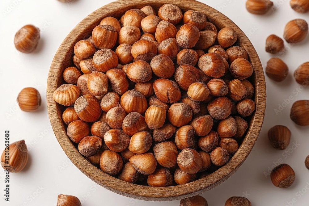 A wooden bowl filled with nuts placed on a table A wooden bowl filled with nuts placed on a table