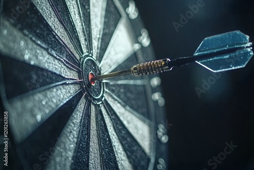 Dart strikes center of target creating bright explosion of light in dark setting