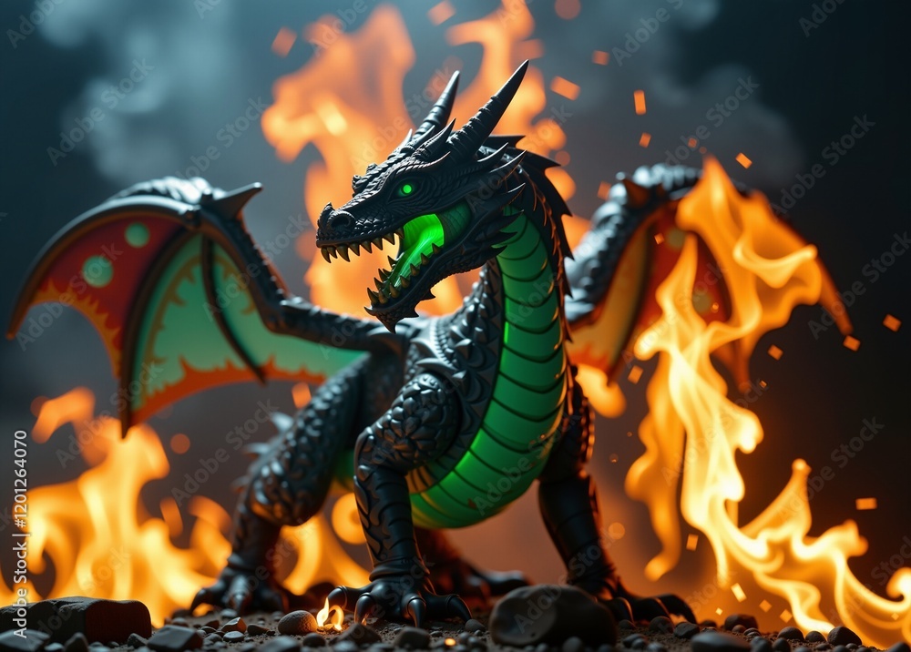 Fototapeta premium Black dragon toy spreading its wings and roaring surrounded by fire