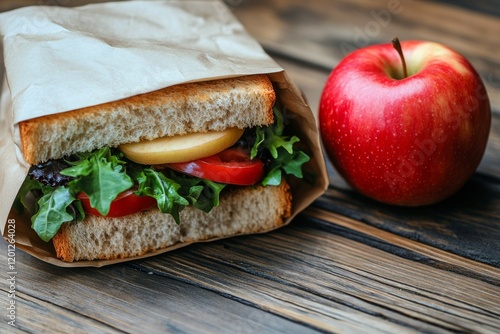 Fresh sandwich and apple in a brown paper bag on a wooden table for a healthy...