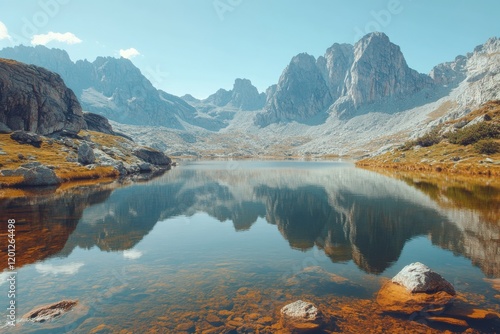 Tranquil mountain lake reflecting majestic peaks under a clear sky