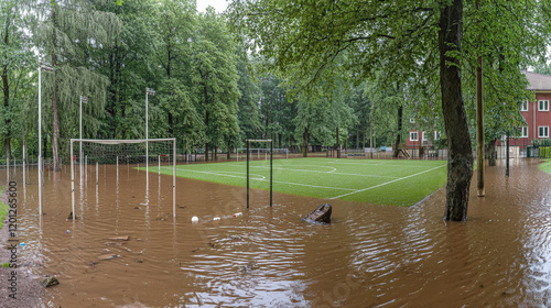 Flooded sports field with muddy water engulfing goals, surrounded by trees and buildings