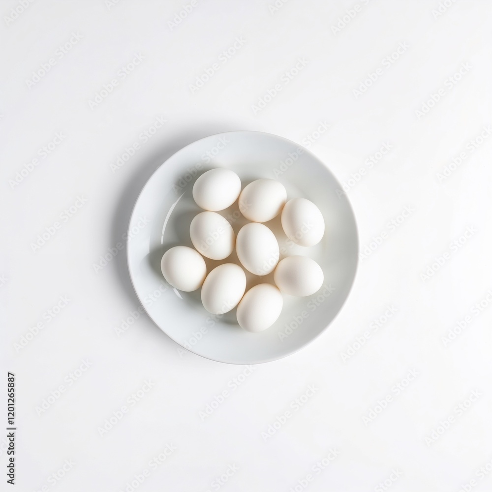 White eggs neatly arranged on a plate with clean background White eggs neatly arranged on a plate with clean background