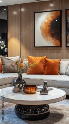 Modern living room with wooden coffee table and cozy decor featuring soft neu...