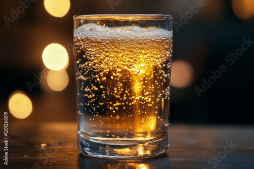 Refreshing cold drink in a glass with bubbles on a wooden table during bright...