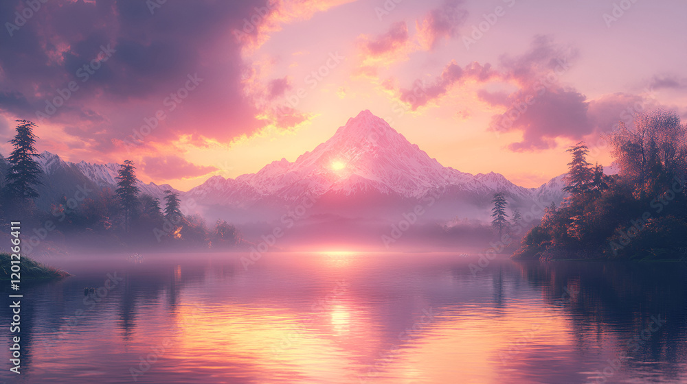 Majestic snow capped mountain at sunset reflecting in a calm lake Majestic snow capped mountain at sunset reflecting in a calm lake