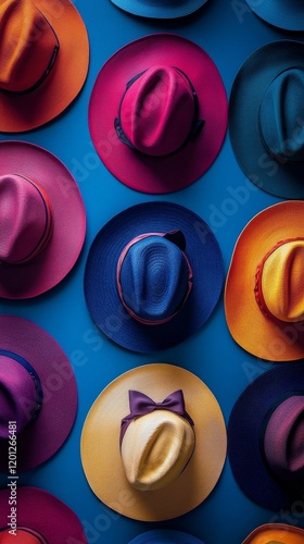 Colorful collection of wide-brimmed hats displayed against a bright blue back...