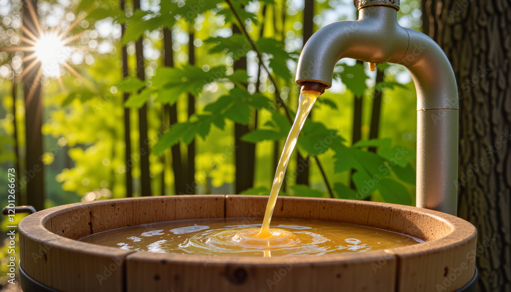 Golden maple sap flowing into a wooden bucket with sunlight filtering through trees Golden maple sap flowing into a wooden bucket with sunlight filtering through trees