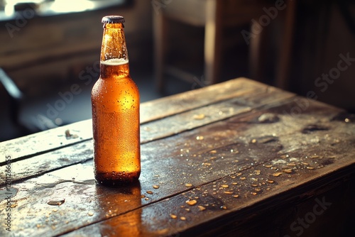 Amber bottle of beer rests on a wooden table with droplets reflecting sunligh...