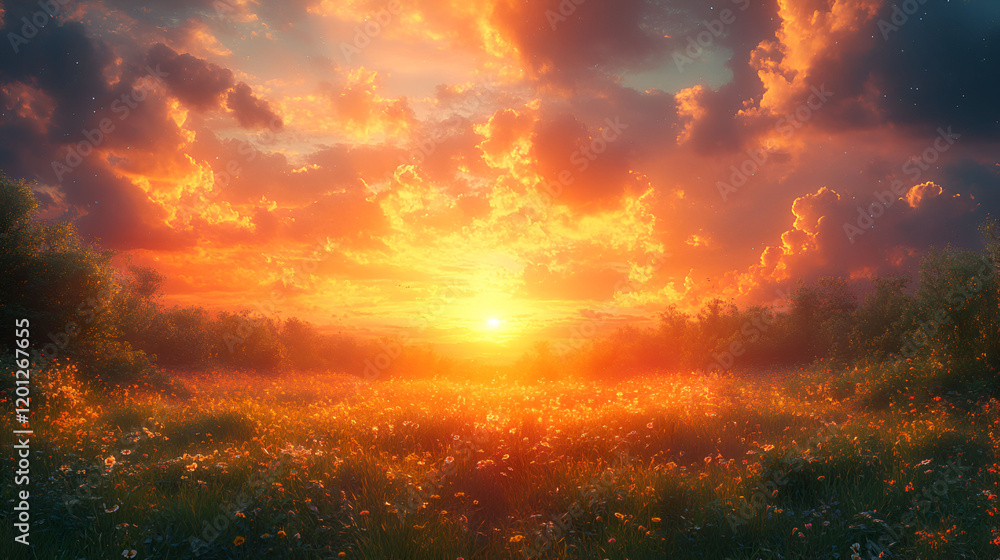 Fiery Sunset Over a Wildflower Meadow Landscape Fiery Sunset Over a Wildflower Meadow Landscape