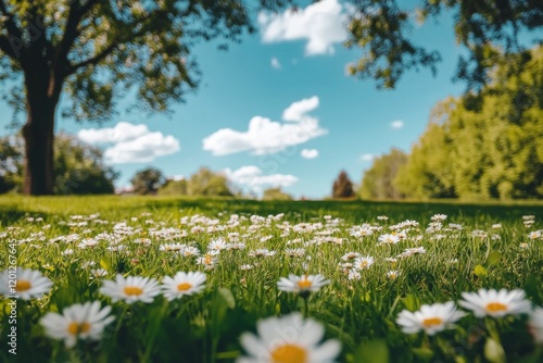 Blooming daisies adorn the lush green landscape under a bright blue sky