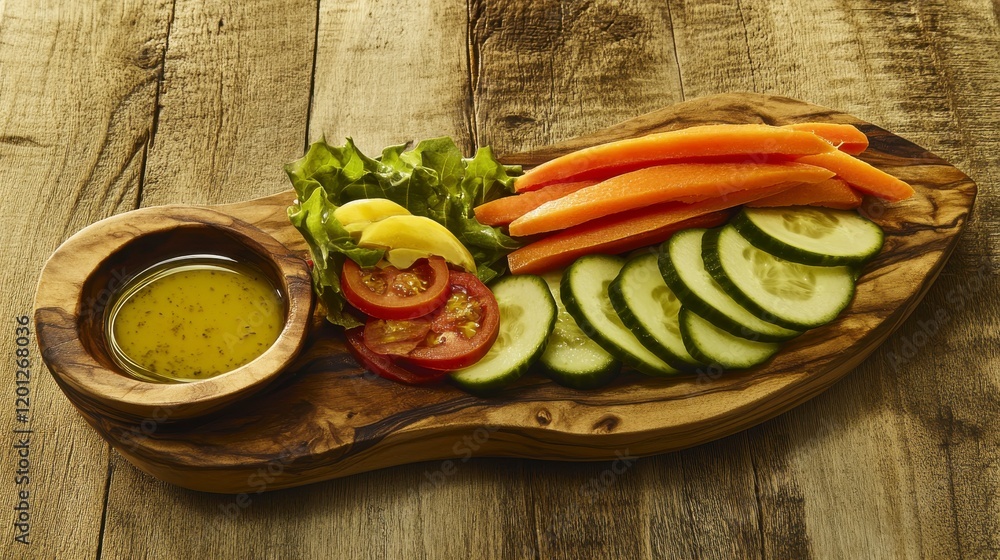 A Vibrant Vegetable Platter with Dipping Sauce on a Rustic Wooden Board. A Healthy and Delicious Snack A Vibrant Vegetable Platter with Dipping Sauce on a Rustic Wooden Board. A Healthy and Delicious Snack