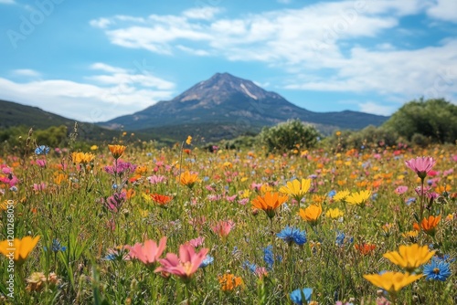 Colorful wildflowers bloom in a vast meadow against a mountain backdrop on a ...