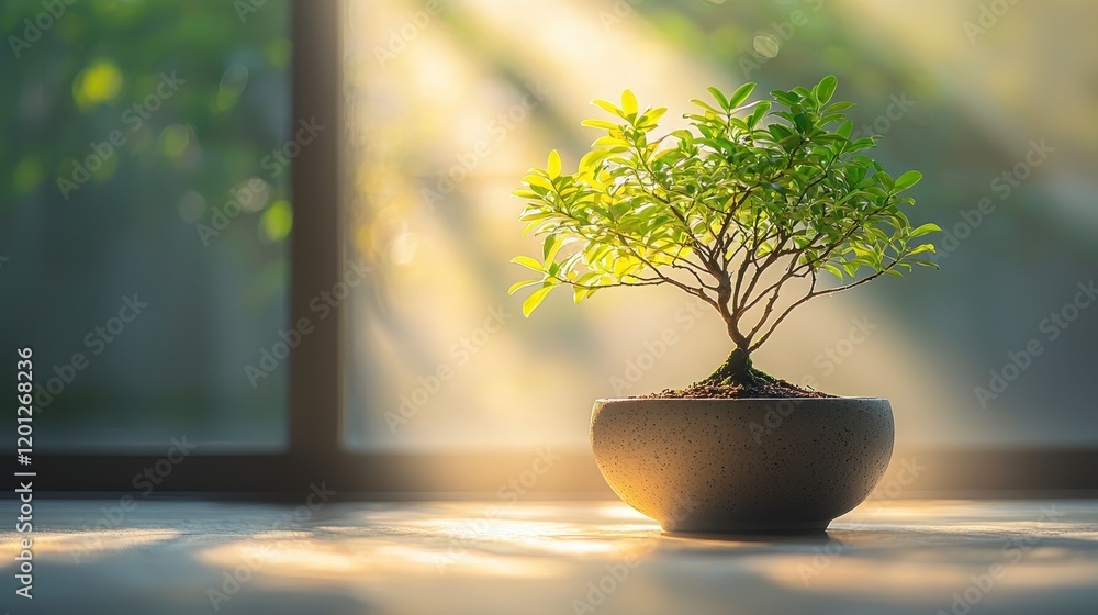 Small bonsai tree in pot, sunlit window. Small bonsai tree in pot, sunlit window.