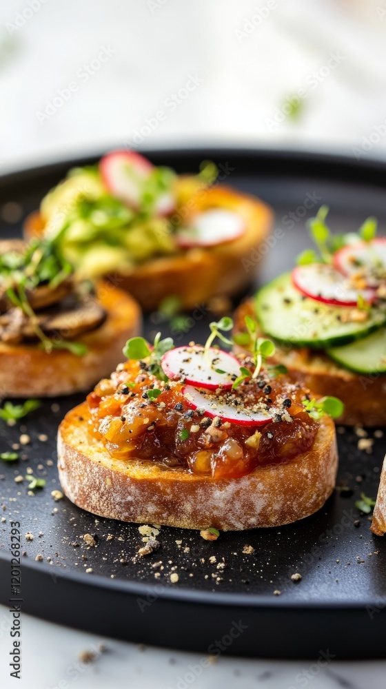 Varied appetizers on toasted bread topped with fresh vegetables and garnishes Varied appetizers on toasted bread topped with fresh vegetables and garnishes