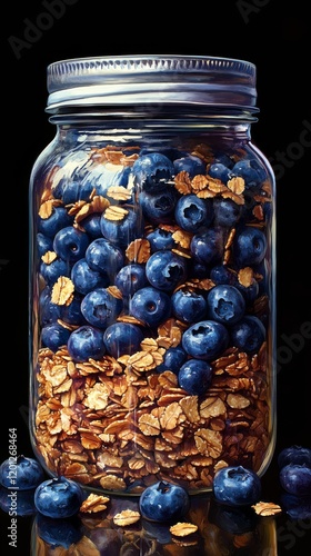 Jar filled with fresh blueberries and oats arranged beautifully on a black ba...