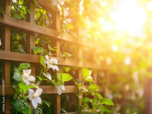 Close-up of white flowers climbing on a wooden trellis with golden sunlight