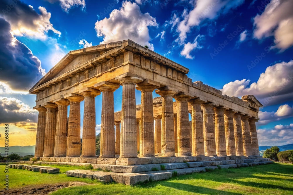 Obraz premium Majestic Ruins of Paestum's Temples of Hera: Panoramic View, Southern Italy