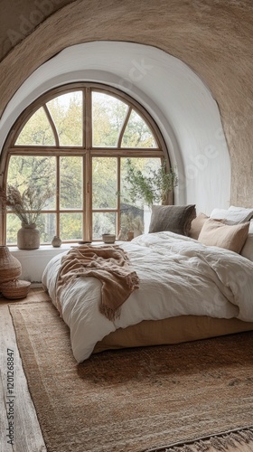 Cozy bedroom with large windows and natural light in a serene setting