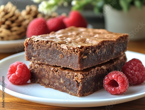 Delicious Vegan Protein Brownies Stacked with Raspberries
