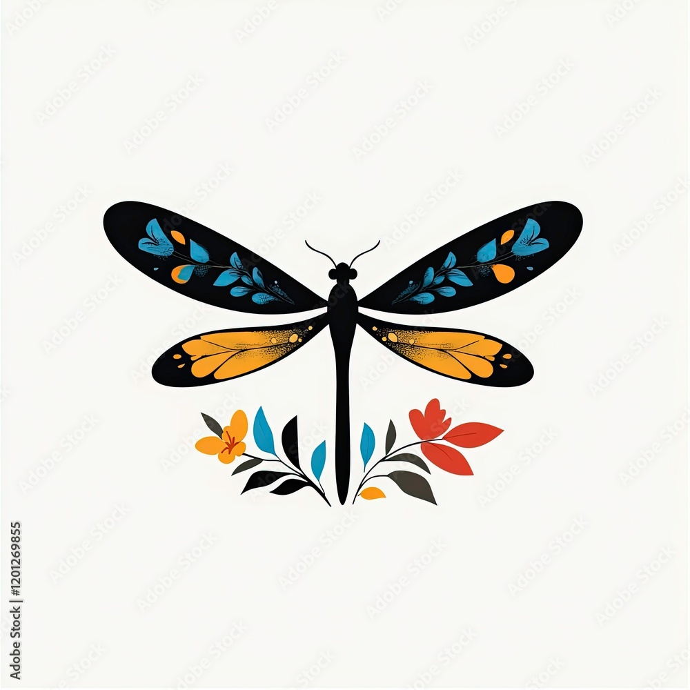 Obraz premium Colorful illustration of a dragonfly surrounded by vibrant flowers and leaves