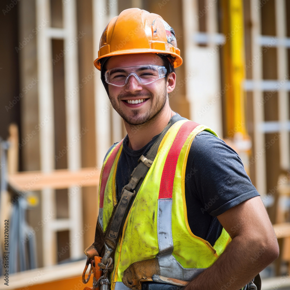 Smiling construction worker posing on wooden building site. Smiling construction worker posing on wooden building site.
