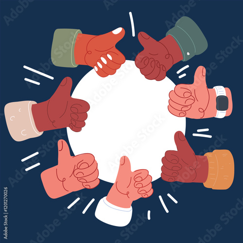 Cartoon vector illustration of hands with a raised finger around a blank space, symbolizing approval, support, and a call for attention, over a dark background