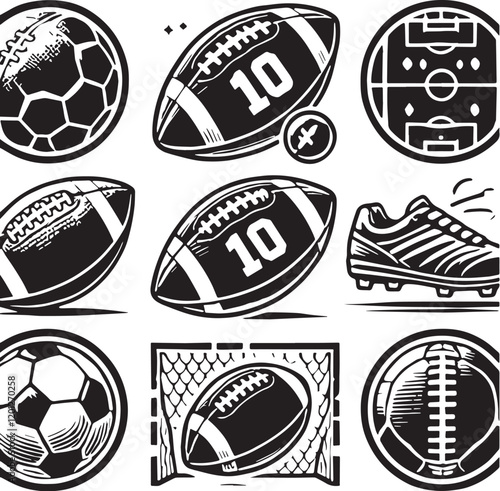Black Color Football Silhouette Vector Illustration, Solid White Background