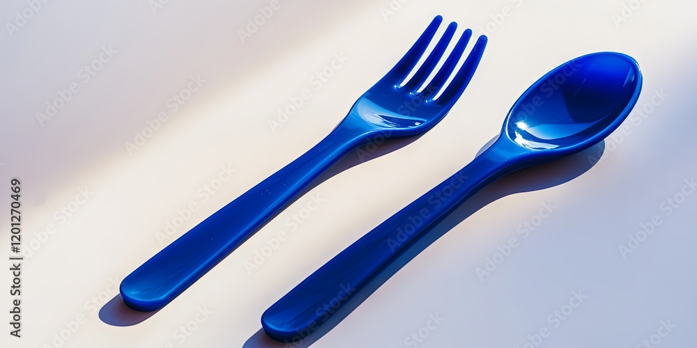 Blue Plastic Fork and Spoon on White Background Blue Plastic Fork and Spoon on White Background