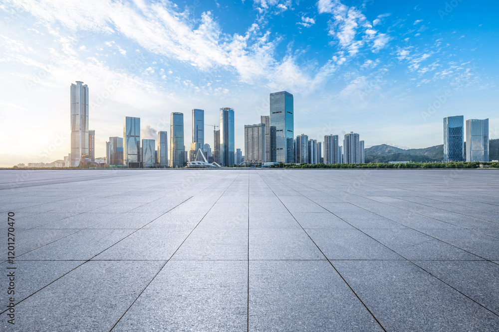 Empty square floor and modern city buildings scenery in Zhuhai. China. Outdoor city background.