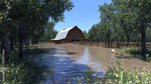 Wallpaper Mural Flooded farmland with a barn and livestock seeking higher ground Torontodigital.ca