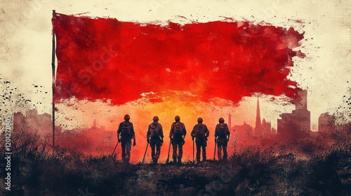 Silhouetted figures stand before a large red flag against a cityscape at sunset. photo