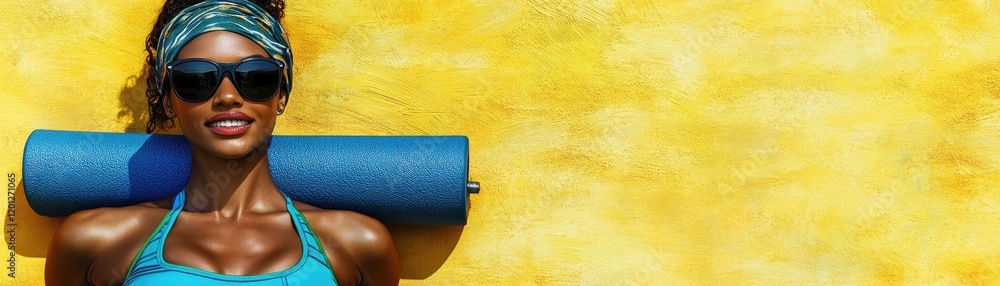 Naklejka premium Woman yoga mat summer sun outdoor workout wellness
