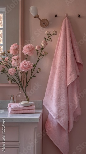 Elegant bathroom decor with soft pink towels and fresh flowers enhancing tran...