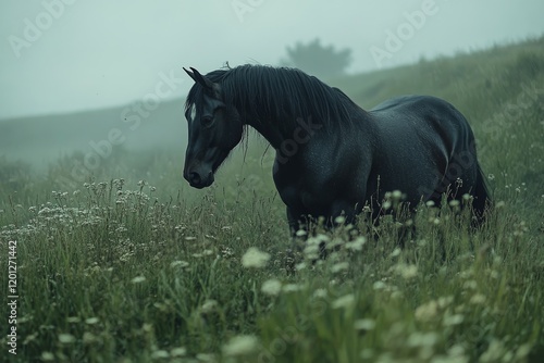 Majestic black horse grazing in a misty meadow during early morning hours