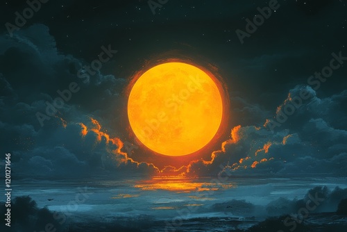 Bright full moon illuminates a cloudy night sky over a serene landscape