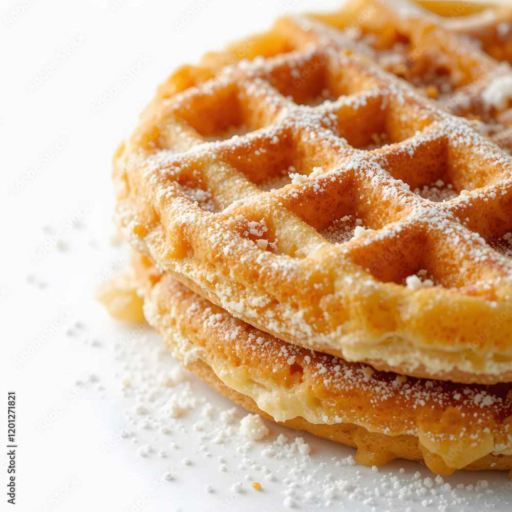 Stack of waffles dusted with powdered sugar on a white background with copy space
Stack of waffles dusted with powdered sugar on a white background with copy space