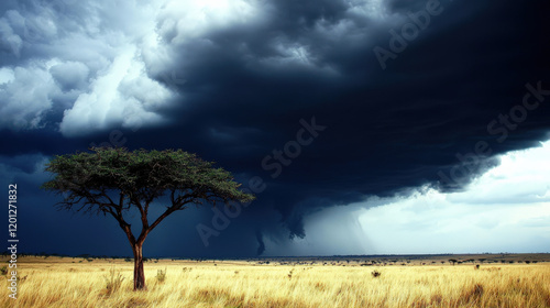 Lone acacia tree under a dramatic, dark storm cloud over golden savanna