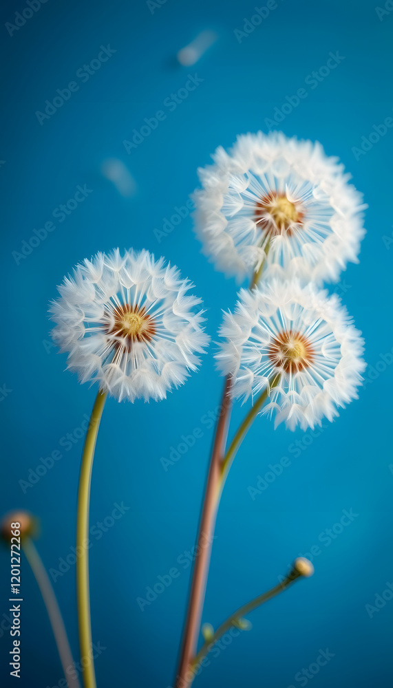 white dandelions on blue background, colorful white dandelions on blue background, colorful