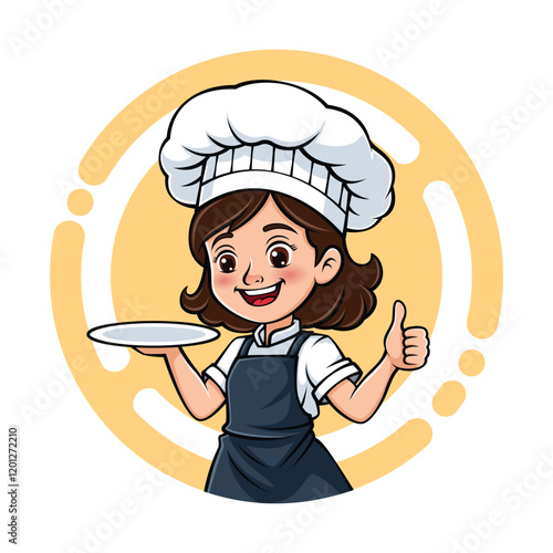 Cute Chef Girl Mascot Logo Holding A Plate
