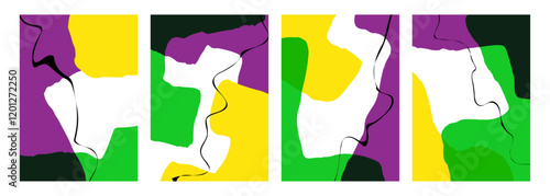 Mardi Gras colors. Set of abstract backgrounds with various curved bright colored shapes and black bent lines for Fat Tuesday creative graphic design. Vector illustration.